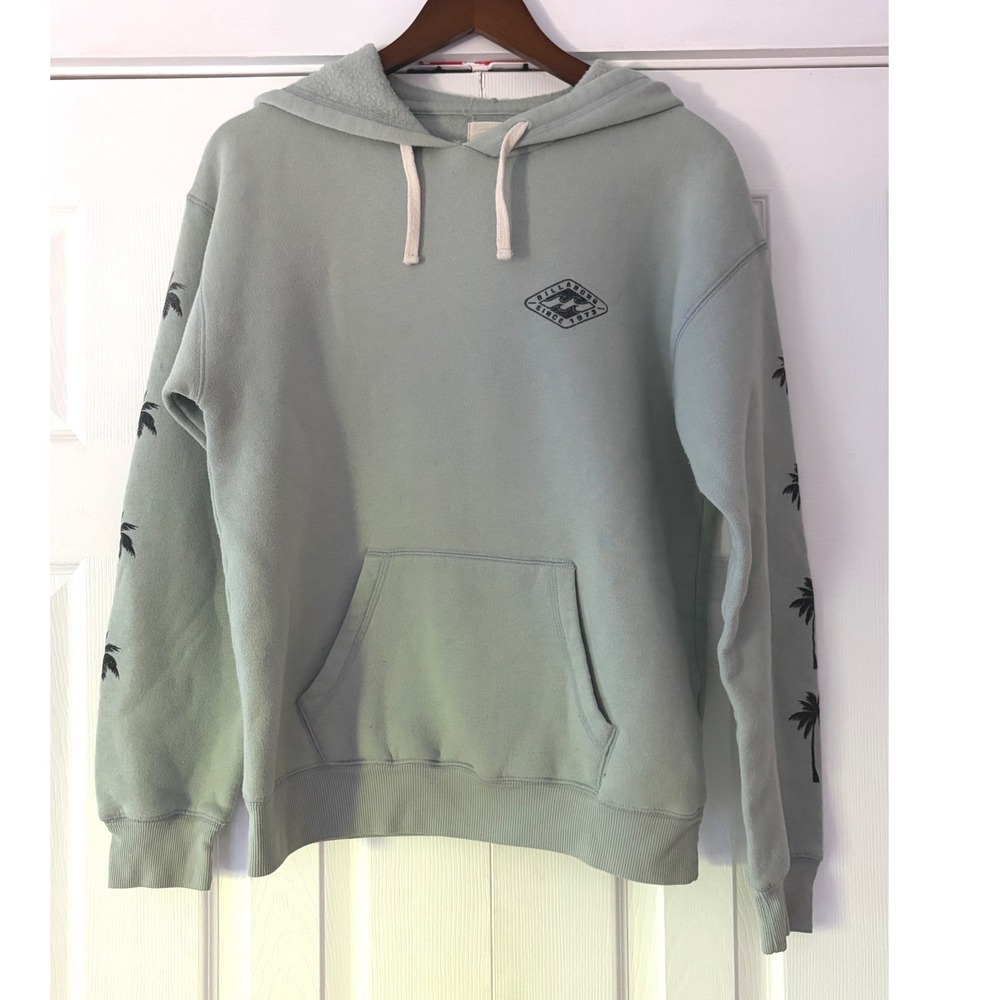 Billabong Womens Palm Tree Sleeve Graphic Hoodie Sage Green Small Sweatshirt